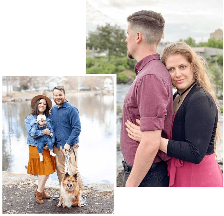 A couple with their dog enjoying an outdoor moment.